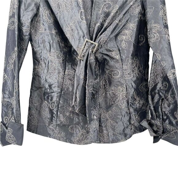 NaraCamicie Formal Top Gray Silver Embroidered Jewel Belted V Neck Size III M - Picture 2 of 12